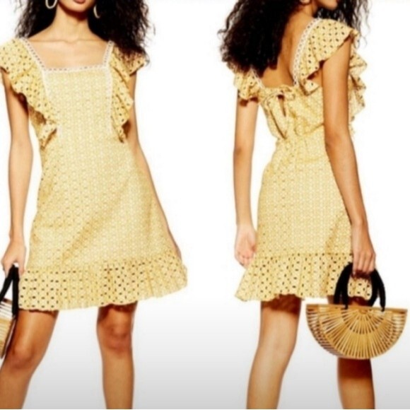 Topshop Dresses & Skirts - Topshop Yellow Broderie Mini Dress Size 4